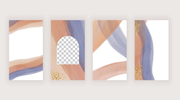 Banners voor sociale media-verhalen met bruine en blauwe aquarellijnen en gouden glittertextuur