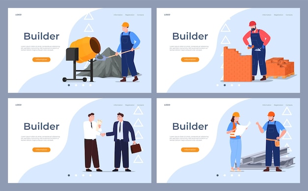 Banners with a construction theme builders with a wheelbarrow of a concrete mixer architects engineers construction contracts construction process vector illustration on white background