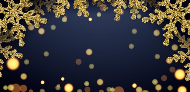 Banners with golden snowflakes from sparkling glitter and bokeh background. christmas decor. happy new year greetings. blue background. vector.