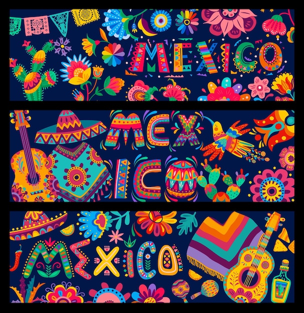 Vector banners with mexican flowers papel picado flags