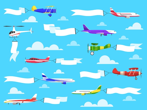 Vector banners with planes. flying airplanes with banner in sky, helicopter with advertisement message on ribbons. set