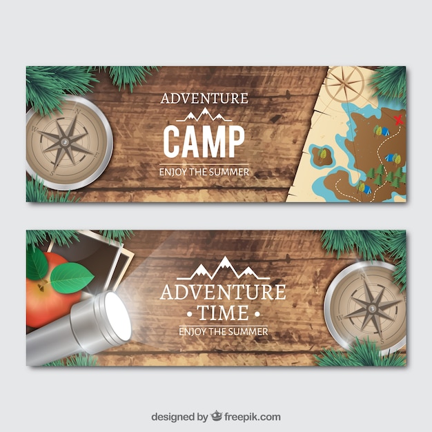 Vector banners with realistic adventure objects