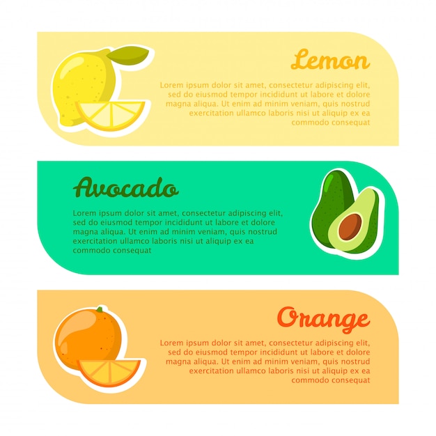 Баннеры с пространством для вашего текста. преимущества фруктов. лимон, авокадо и апельсин