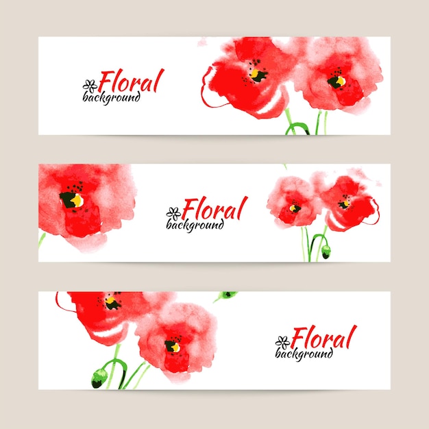 Banners with watercolor paint red poppy. floral vector illustration