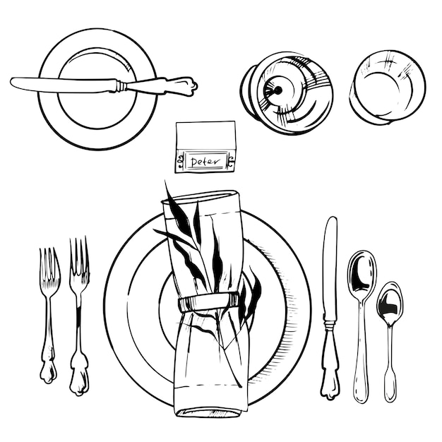 宴会食器セット。スケッチ図。ナイフとスプーン、皿とフォークのイラスト
