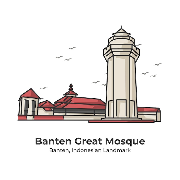 Banten 그레이트 모스크 인도네시아 랜드 마크 귀여운 라인 일러스트