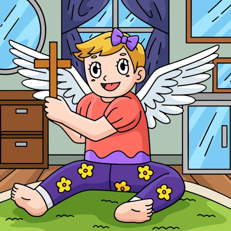 Vector baptism baby holding cross colored cartoon