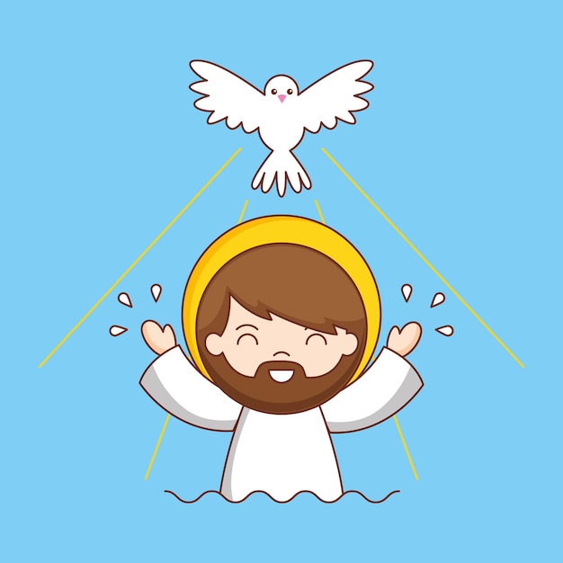 Baptism of jesus with dove, cartoon illustration