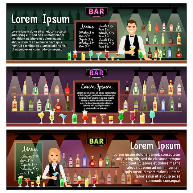 Vettore il modello delle insegne di barra ha messo con le bottiglie dell'alcool e del barista sugli scaffali. illustrazione vettoriale