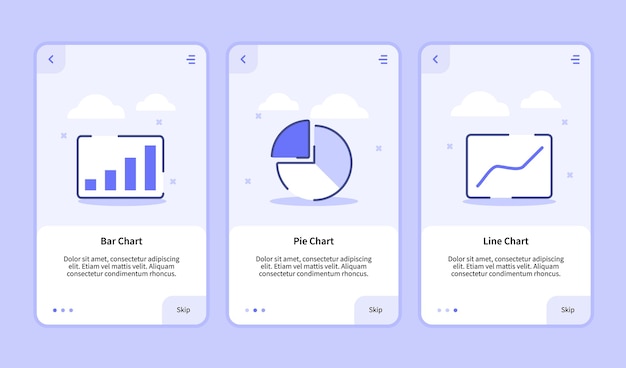 Schermata di inserimento grafico a barre del grafico a torta del grafico a linee per il modello di app mobili