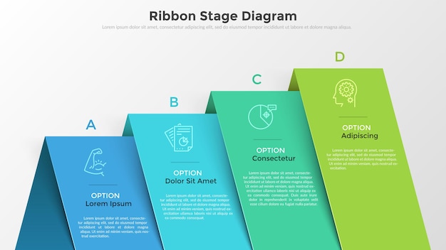 4개의 다채로운 오버레이 리본 요소가 있는 막대형 차트입니다. 현실적인 인포 그래픽 디자인 템플릿입니다. 비즈니스 성장, 진행 및 개발 시각화, 프레젠테이션을 위한 크리에이 티브 벡터 일러스트레이션.