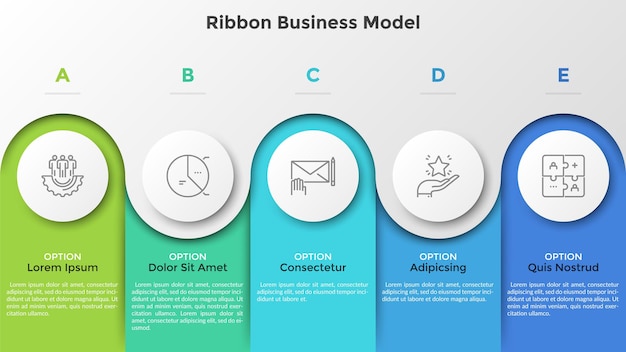 5つのカラフルな列と紙の白い丸い要素を持つ棒グラフ。リボンビジネスモデル。プロジェクト開発の5つの段階。モダンなインフォグラフィックデザインテンプレート。パンフレットのベクトルイラスト。