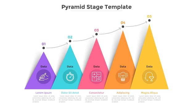 화살표로 연결된 5개의 다채로운 삼각형 또는 피라미드 요소가 있는 막대 차트. 비즈니스 성장의 5단계 개념입니다. 크리에이 티브 인포 그래픽 디자인 템플릿입니다. 프레 젠 테이 션에 대 한 벡터 일러스트 레이 션.