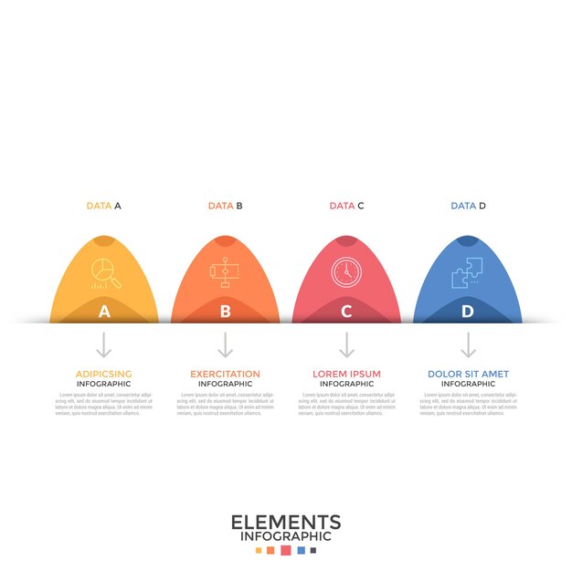 Гистограмма с четырьмя закругленными красочными элементами с линейными пиктограммами, буквами внутри и стрелками, указывающими на текстовые поля. Концепция 4 последовательных шагов. Шаблон оформления инфографики. Векторная иллюстрация.