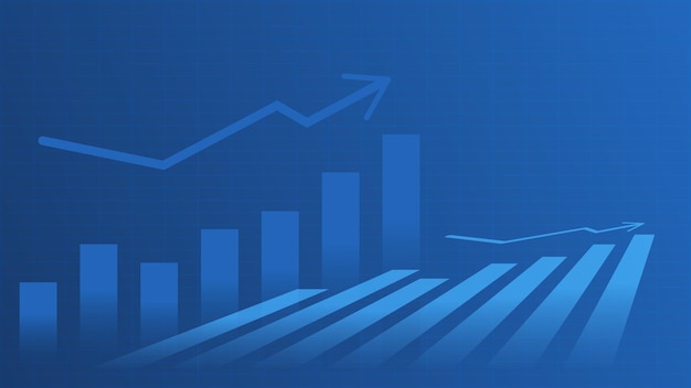Гистограмма со стрелкой восходящего тренда на синем фоне с копией пространства для бизнеса и финансовой концепции
