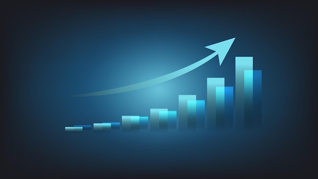 Grafico a barre con freccia rialzista su sfondo blu illuminazione crescita aziendale e pianificazione finanziaria