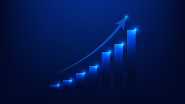 Vettore il grafico a barre con la freccia di tendenza al rialzo mostra la crescita delle prestazioni aziendali e il profitto dell'investimento