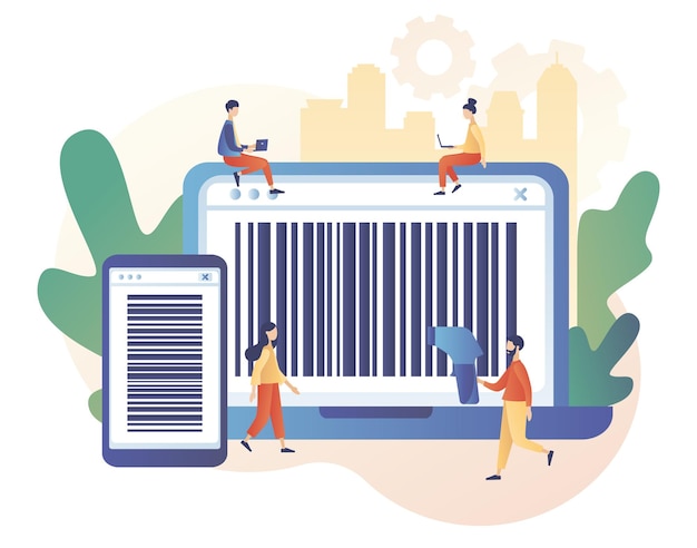 Vettore codice a barre nell'app per smartphone e nello schermo del laptop. piccole persone scansionano il codice a barre. scanner di codici a barre portatile.