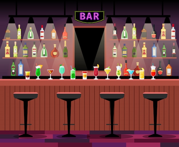 Bancone bar con sgabelli prima e cocktail e bottiglie di alcool sugli scaffali. illustrazione vettoriale