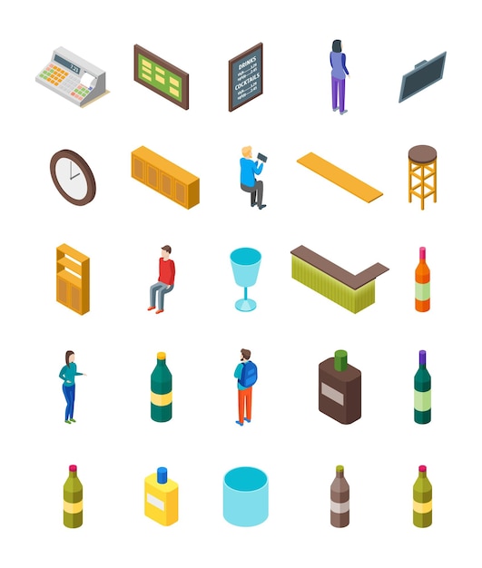 Bar Drinking Icon Set Isometric View에는 테이블 의자와 맥주 펍 아이콘의 알코올 벡터 그림이 포함됩니다.