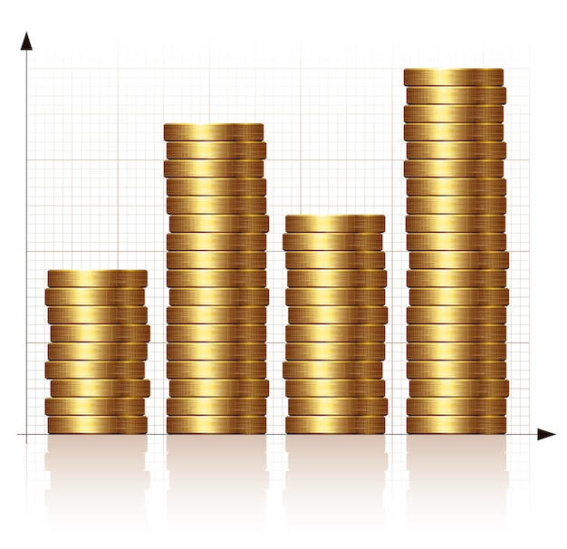 Bar graph from gold coins. organized by layers. easy edit. global colors. gradients used.