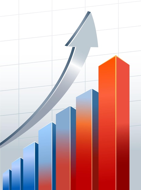 Bar graph with silver growth arrow on a white background