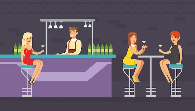 Vector bar interior with people drinking cocktails and bartender preparing alcoholic cocktails at counter cartoon vector illustration