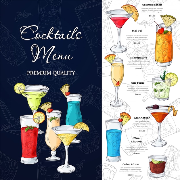 Design del menu bar. modello per bevande cocktail.