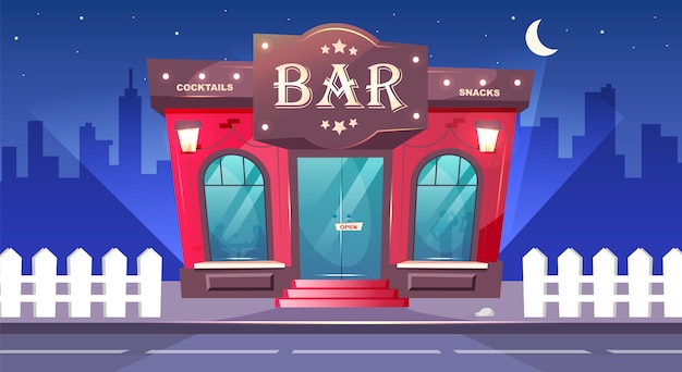 bar at nighttime  color  illustration. local cafe with sidewalk at night. luxury pub exterior. place for drinks. red brick building. urban  cartoon cityscape with nobody on background