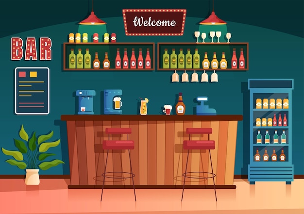 Bar of pub 's avonds met flessen alcoholische dranken in de binnenkamer in platte cartoonillustratie