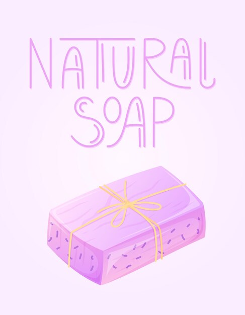 Vettore barra di sapone organico rosa legato con spago e scritte sapone naturale banner cartoon vettoriale per imballaggio o cartolina