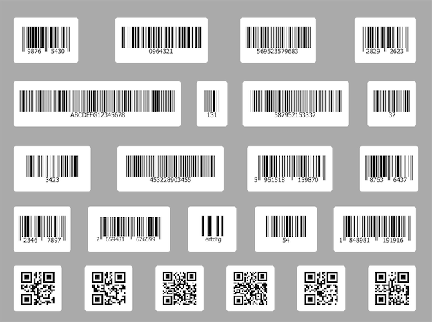 Bar and qr codes on white stickers set