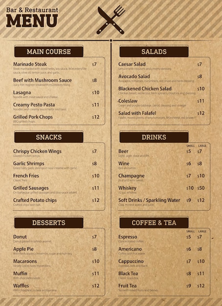 Vector bar and restaurant menu on crafted paper