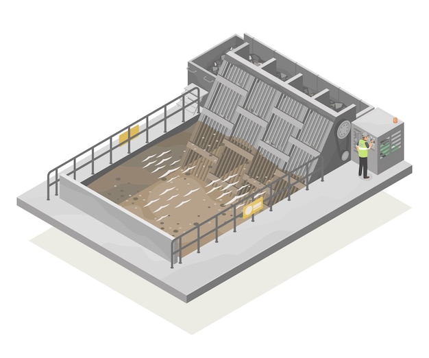 bar screening factory wastewater treatment process diagram Environmental system vector isometric