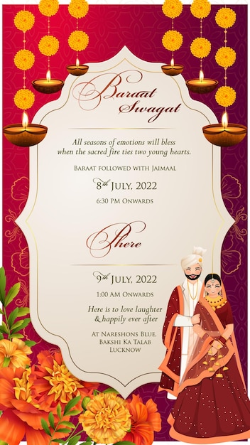 Vector baraat and reception wedding invitation slide with caricature