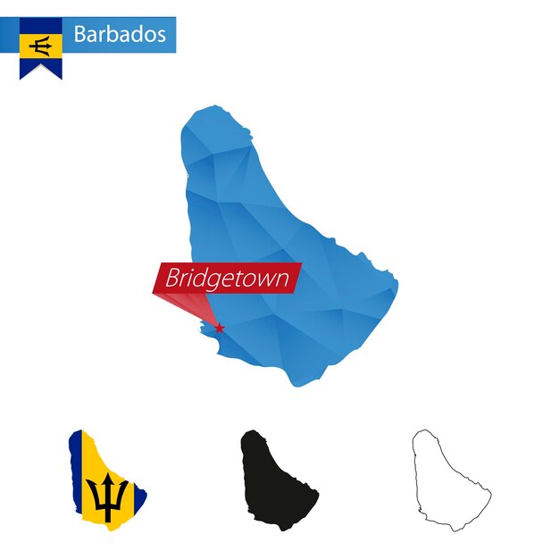 Mappa blu di barbados low poly con capitale bridgetown