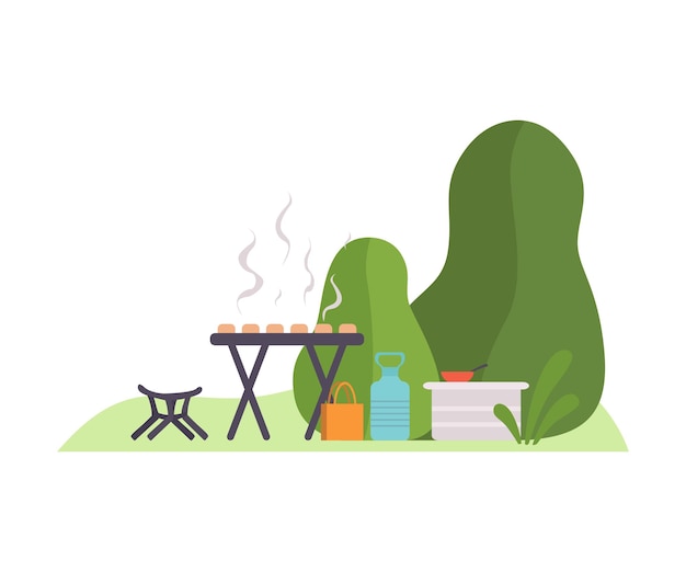 Vector barbecue on the background of trees at the campsite vector illustration