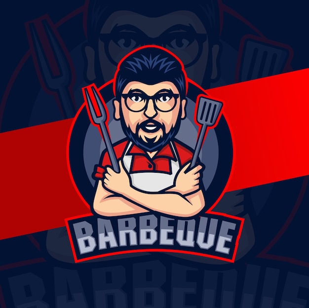 Barbecue chef-kok mascotte karakter voor bbq grill maaltijd logo ontwerp