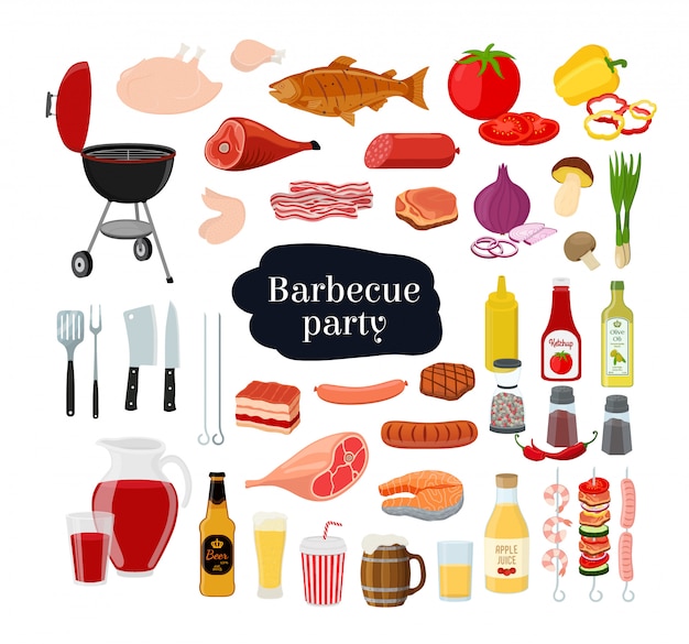 Collezione barbecue: griglia, forchetta, carne diversa, frutti di mare con verdure e bevande