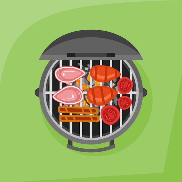 Barbecue en gegrilde biefstuk, worst en tomaat. Bovenaanzicht illustratie.