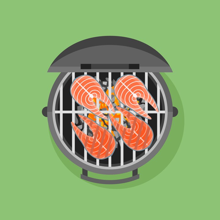 Barbecue en gegrilde zalm steak in vlakke stijl.