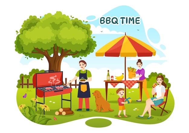 Barbecue en Grill Set Vector Illustratie Kids Grilling of BBQ Party Food in Park in Festival