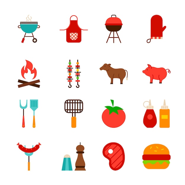 Barbecue Food Objects. Flat Style Vector Illustration. BBQ Collection of Items Isolated over White.