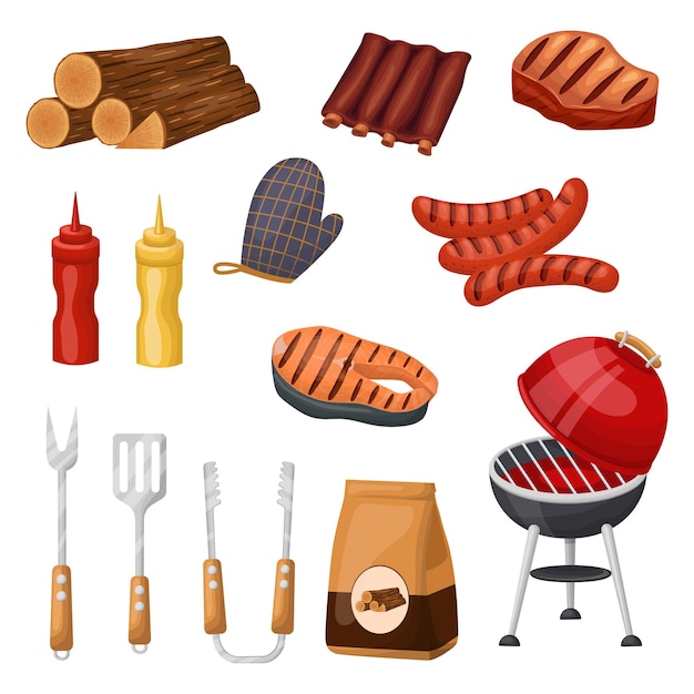 Barbecue food and utensils elements of a barbecue party outdoor grills grilled meat