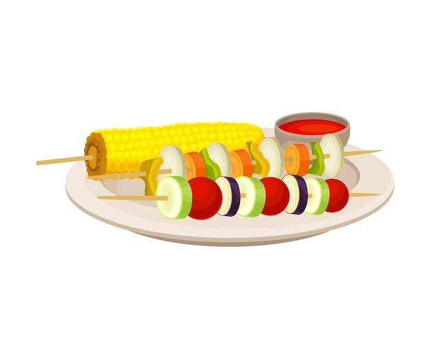 Vettore barbecue a base di verdure e mais con illustrazione vettoriale di salsa rossa