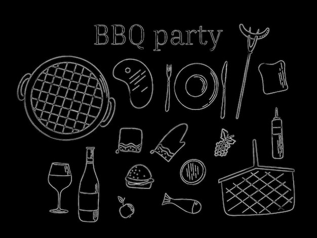 Barbecue grill hand drawn elements set isolated on white background For the design of the menu