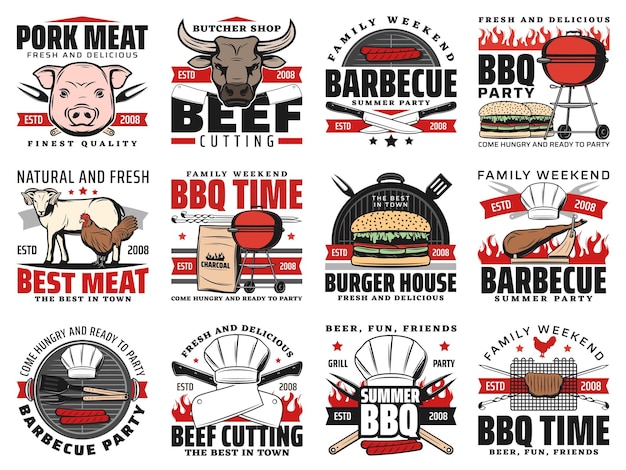 Barbecue and grill meat BBQ party icons