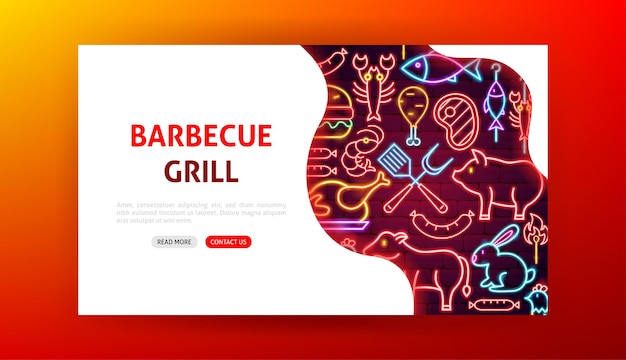 Pagina di destinazione al neon della griglia del barbecue. illustrazione vettoriale di promozione barbecue.