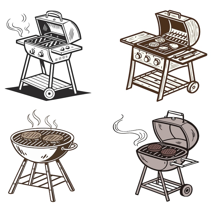 Vector barbecue grill open and closed realistic set top view of bbq charcoal red device with burning coal