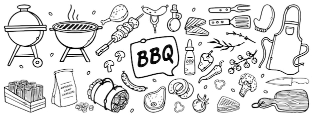 Вектор Гриль для барбекю outline doodle set bbq инструменты для барбекю, древесный уголь, дрова и продукты premium векторы